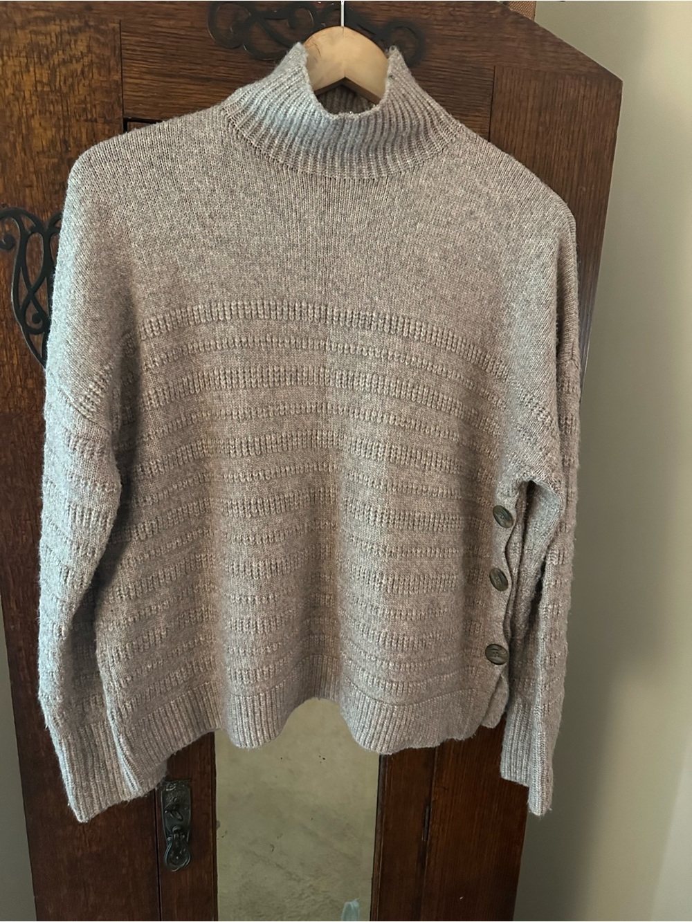 Max Studio Mock Turtleneck Button-Accent Women's Sweater in Light Taupe Size XL
